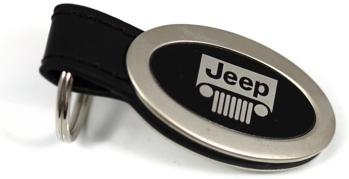 Jeep Grille Logo Chrome-Black Leather Key Ring - Click Image to Close